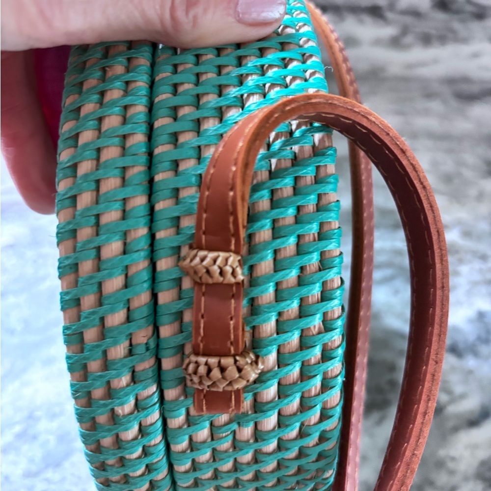 CARLA 8” RATTAN BAG | TURQUOISE REAL RATTAN BAG MADE IN BALI - Picture 5 of 6